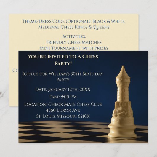 Blue 30. Geburtstag Party Schach Rook Einladung (Vorne/Hinten)