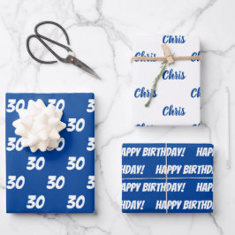 Blue 30. Happy Birthday Individuelle Name Geschenkpapier Set