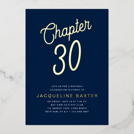 Blue 30 th Birthday Gold Script Kapitel 30 Party Folieneinladung (Vorderseite)