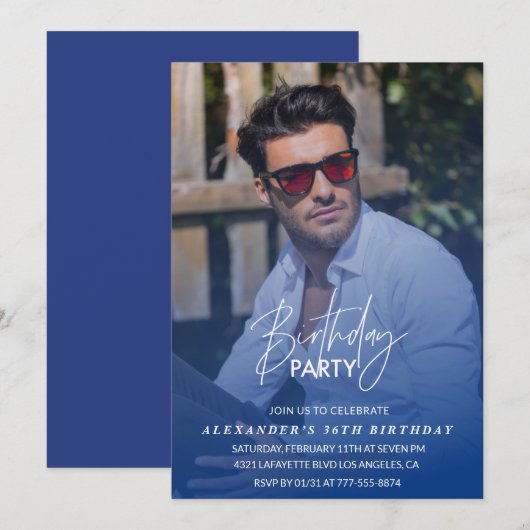 Blue 36. Geburtstagseinladung Geburtstagsparty Fot Einladung (Vorne/Hinten)