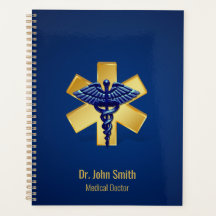 Blue 3D Caduceus Gold Cross Medical
