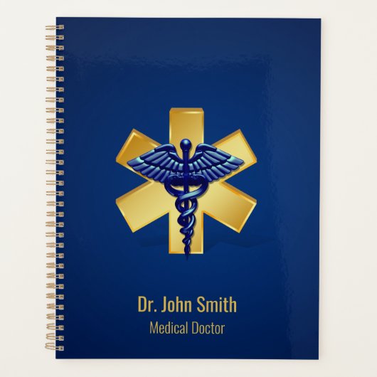 Blue 3D Caduceus Gold Cross Medical Planer (Vorderseite)