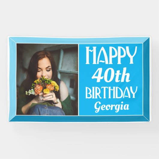 Blue 40. Art Deco Beveled Foto Geburtstag Banner (Horizontal)