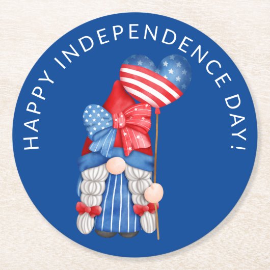 Blue 4. Juli Gnome Independence Day Party Runder Pappuntersetzer (Vorderseite)