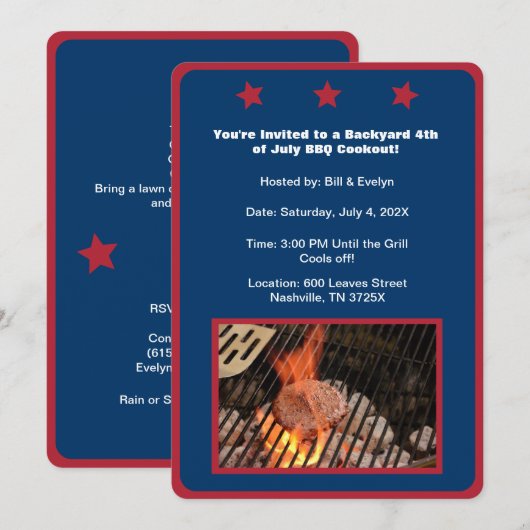 Blue 4. Juli Hamburger Barbecue Einladung (Vorne/Hinten)