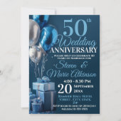 Blue 50 th Wedding Anniversary Ballon Geschenke Einladung (Vorderseite)