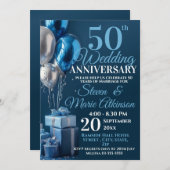 Blue 50 th Wedding Anniversary Ballon Geschenke Einladung (Vorne/Hinten)