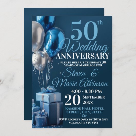 Blue 50 th Wedding Anniversary Ballon Geschenke Einladung (Vorne/Hinten)