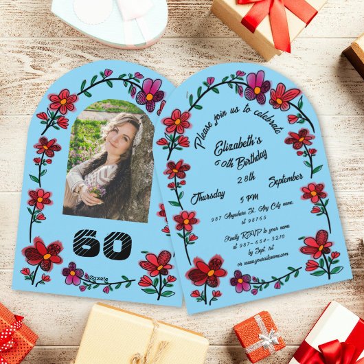 Blue 60th Birthday Party Whimsical Doodle Flowers Einladung