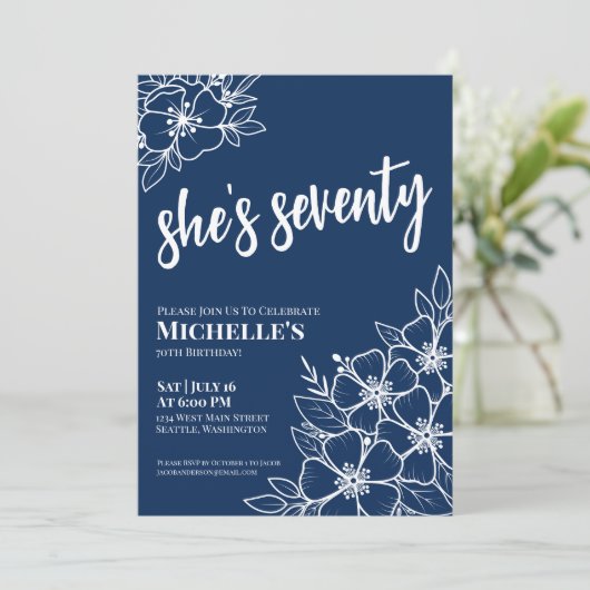Blue 70. Geburtstagsparty Einladung (Stehend Vorderseite)