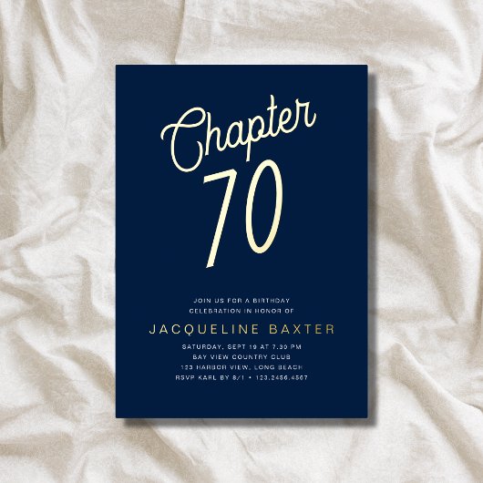 Blue 70 th Birthday Gold Script Kapitel 70 Party Folieneinladung