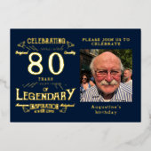 Blue 80. Geburtstag Vintag Gold Folieneinladung (Vorderseite)