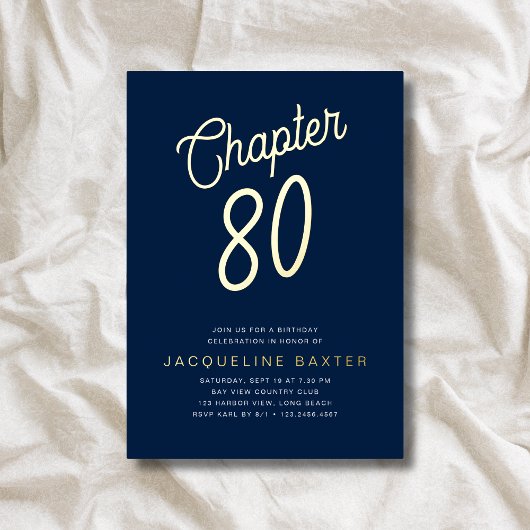 Blue 80th Birthday Gold Script Kapitel 80 Party Folieneinladung