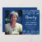 Blue 90. Neunziges Blumengestein Geburtstag Einladung (Vorne/Hinten)