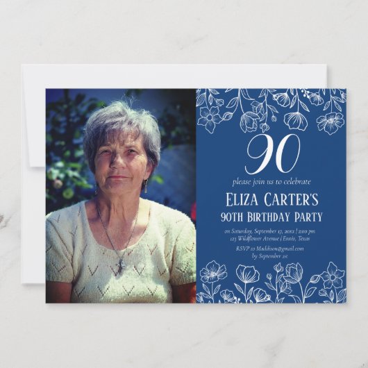 Blue 90. Neunziges Blumengestein Geburtstag Einladung (Vorderseite)