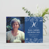 Blue 90. Neunziges Blumengestein Geburtstag Einladung (Stehend Vorderseite)