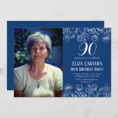 Blue 90. Neunziges Blumengestein Geburtstag Einladung (Vorne/Hinten)