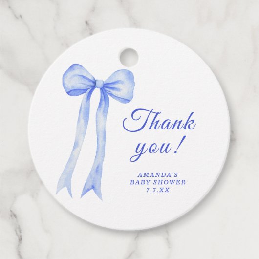Blue a Bow Baby Dusche Danke Geschenkanhänger (Vorderseite)