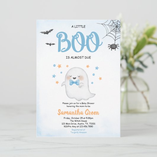 Blue A Little Boo Baby Dusche Einladung (Stehend Vorderseite)