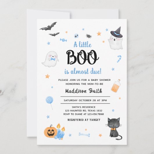 Blue A Little Boo Halloween Baby Dusche Einladung (Vorderseite)