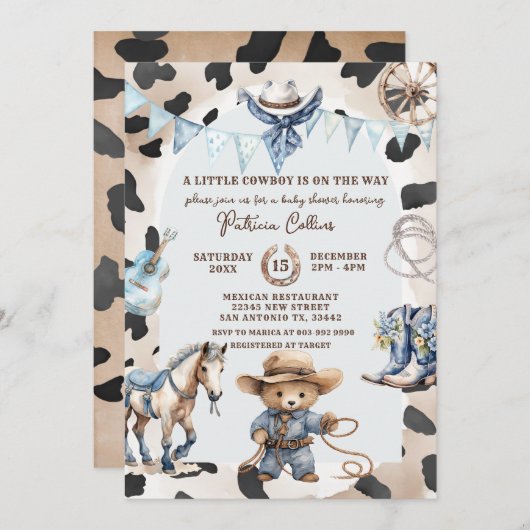 Blue A Little Cowboy Country Western Babydusche Einladung (Vorne/Hinten)