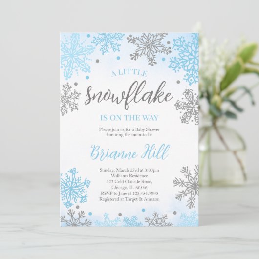 Blue A Little Snowflake Baby Dusche Einladung (Stehend Vorderseite)