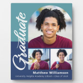 Blue Abschluss 3 Foto Bold Arc Script Modern Fotoplatte (Vorderseite)