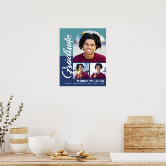 Blue Abschluss 3 Foto Bold Arc Script Modern Poster (Küche)