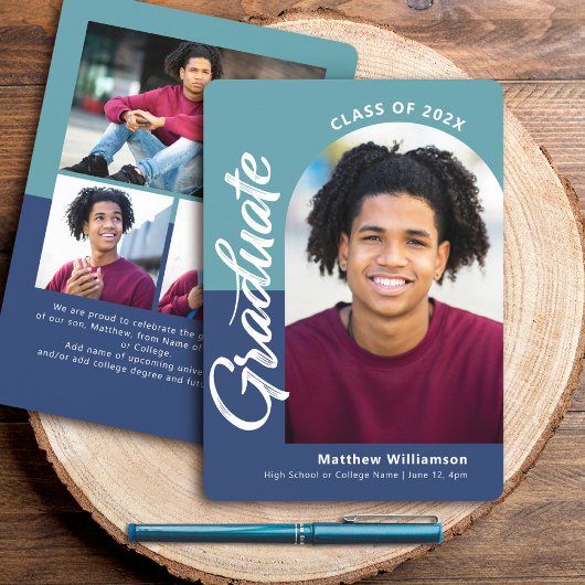 Blue Abschluss 4 Foto Bold Arc Script Modern Ankündigung