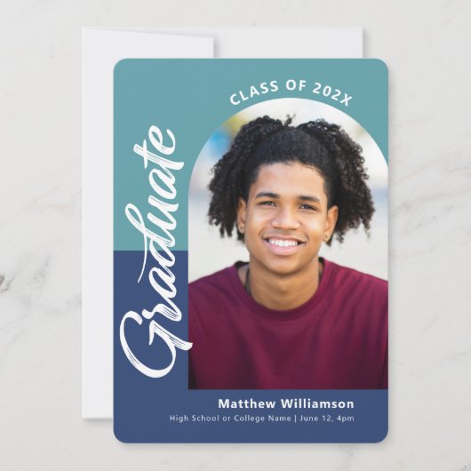 Blue Abschluss 4 Foto Bold Arc Script Modern Ankündigung (Vorderseite)