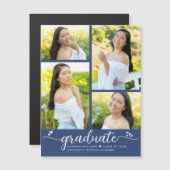 Blue Abschluss 4 Foto Script Hearts Modern Girly Magneteinladung (Vorne/Hinten)