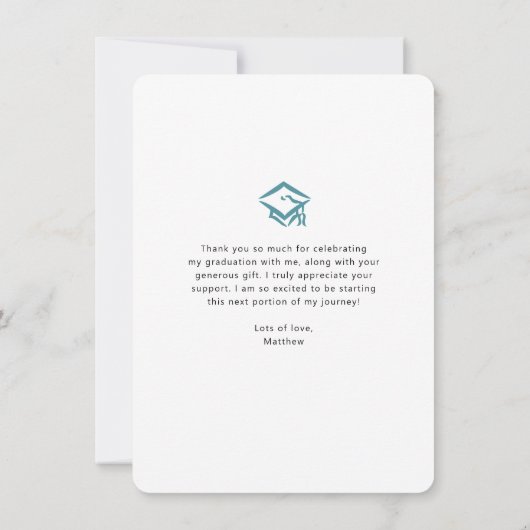 Blue Abschluss Foto Bold Arc Script Modern Dankeskarte (Rückseite)