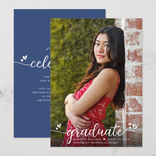 Blue Abschluss Foto Calligraphy Hearts Modern Ankündigung (Vorne/Hinten)