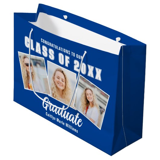 Blue Abschluss Foto Collage 2025 Graduate Große Geschenktüte (Vorderseite Schrägansicht)