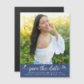 Blue Abschluss Foto Rette Datum Skript startet fet Magneteinladung (Vorne/Hinten)