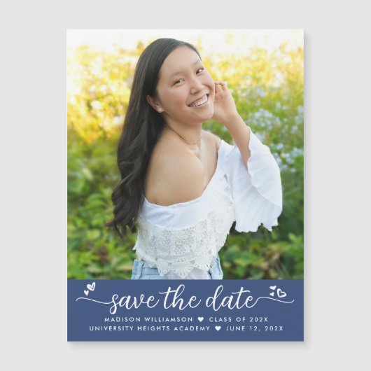 Blue Abschluss Foto Rette Datum Skript startet fet Magneteinladung (Vorderseite)