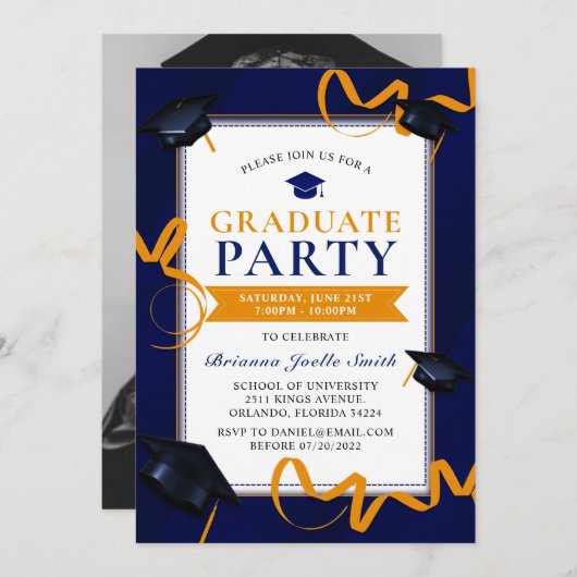 Blue Abschluss Grad Hats Party Einladung (Vorne/Hinten)