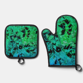 Blue abstract potholder and oven,Beautiful green Ofenhandschuh & Topflappen-Set