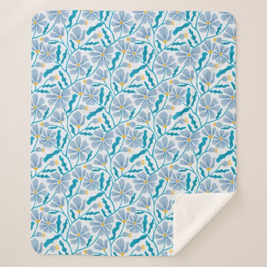 Blue Abstrakt Mitte Jahrhundert Moderne Blume Sherpadecke (Vorderseite)