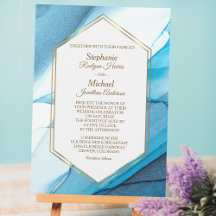 Blue Abstrakt Watercolor Double Gold Frame Wedding