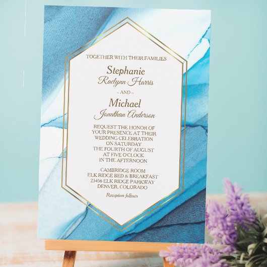Blue Abstrakt Watercolor Double Gold Frame Wedding Einladung