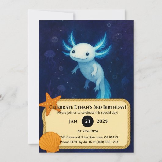 Blue Abyss Axolotl Birthday Einladung (Vorderseite)