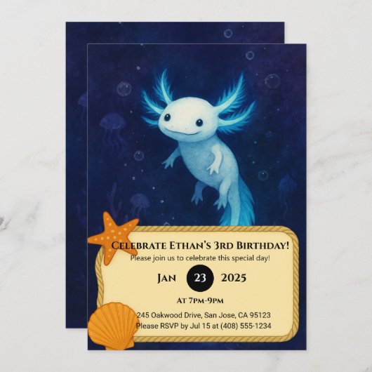 Blue Abyss Axolotl Birthday Einladung (Vorne/Hinten)