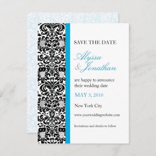 Blue Accent Damask Rette die Cate Card Ankündigungspostkarte (Vorne/Hinten)