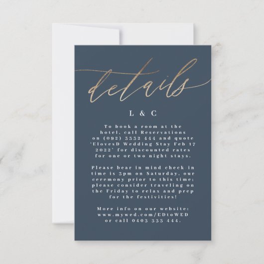 Blue Accommodation Gold Wedding Details Cards RSVP Karte (Vorderseite)