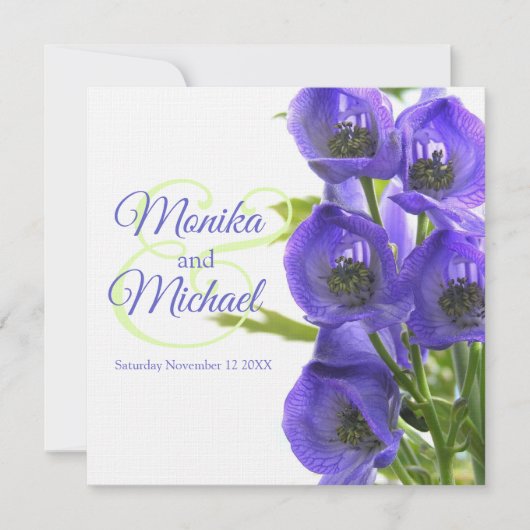 Blue Aconitum Blume Hochzeitsplatz Leinen Einladung (Vorderseite)