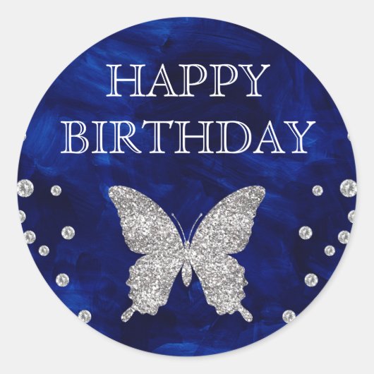 Blue Acrylic & Silver Glitzer Butterfly Geburtstag Runder Aufkleber (Vorderseite)