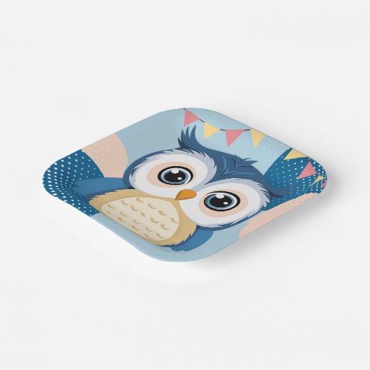 Blue Adorable Woodland Baby Owl Baby Dusche Pappteller (Gewinkelt)