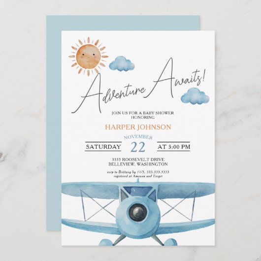 Blue Adventure erwartet Airplane Baby Shower Einladung (Vorne/Hinten)