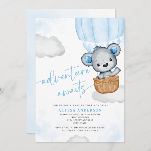 Blue Adventure erwartet Bear Balloon Baby Shower Einladung (Vorne/Hinten)